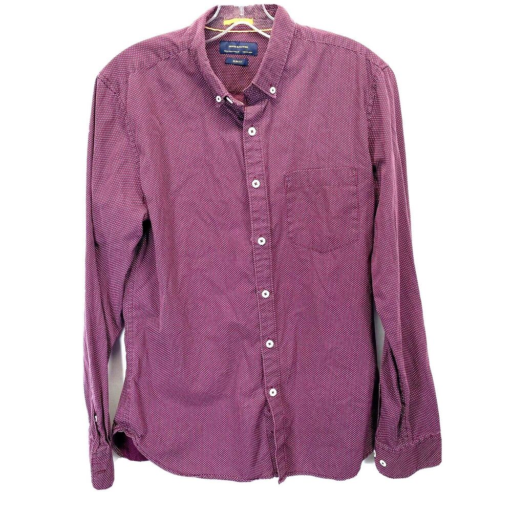Denim & Flower Men' Dress Shirt Sz Medium 16x33 Maroon Dot Long Sleeve Slim Fit